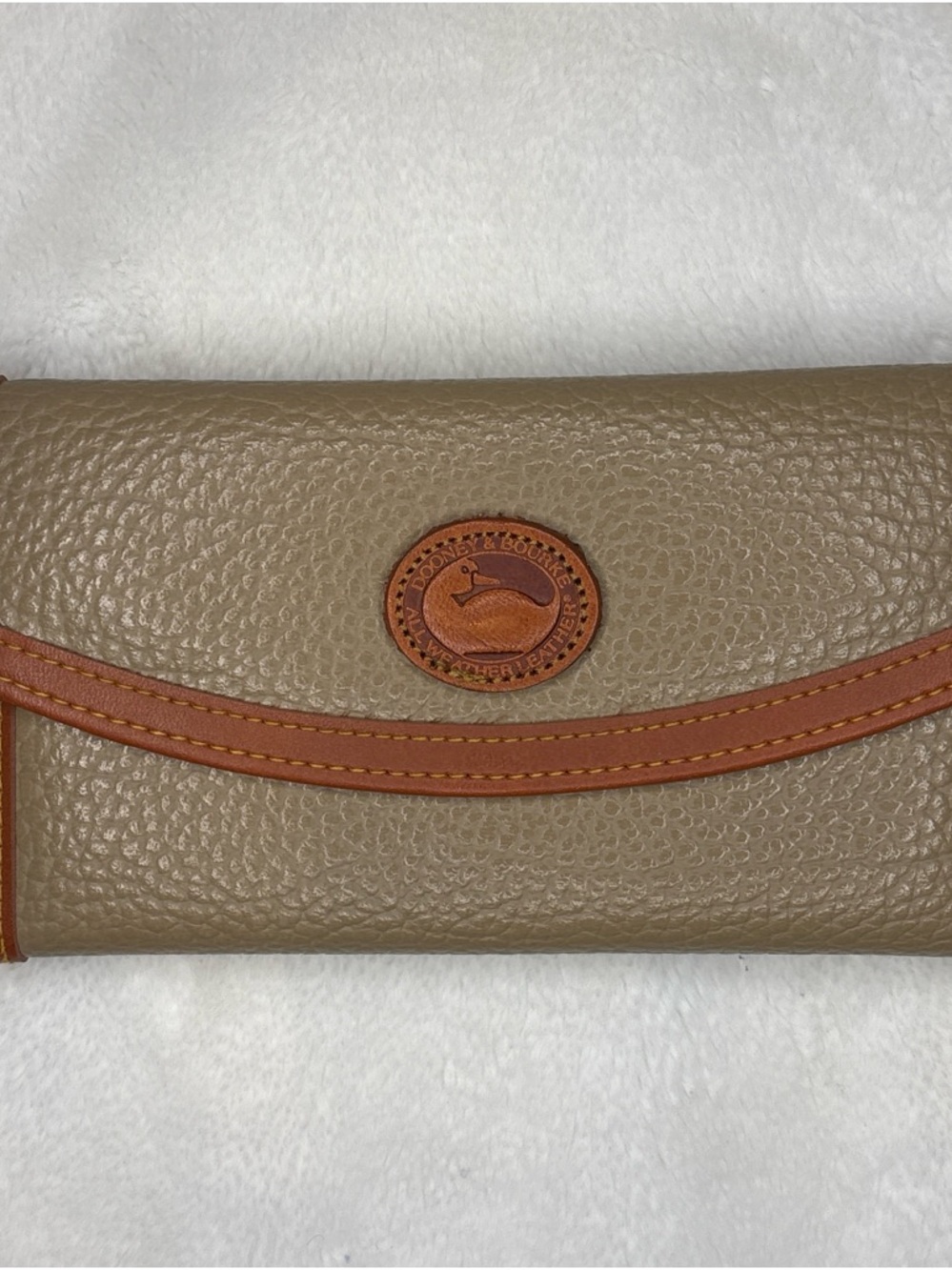 Vintage Dooney & Bourke Taupe Pebbled Leather Continental Wallet with Tan Trim